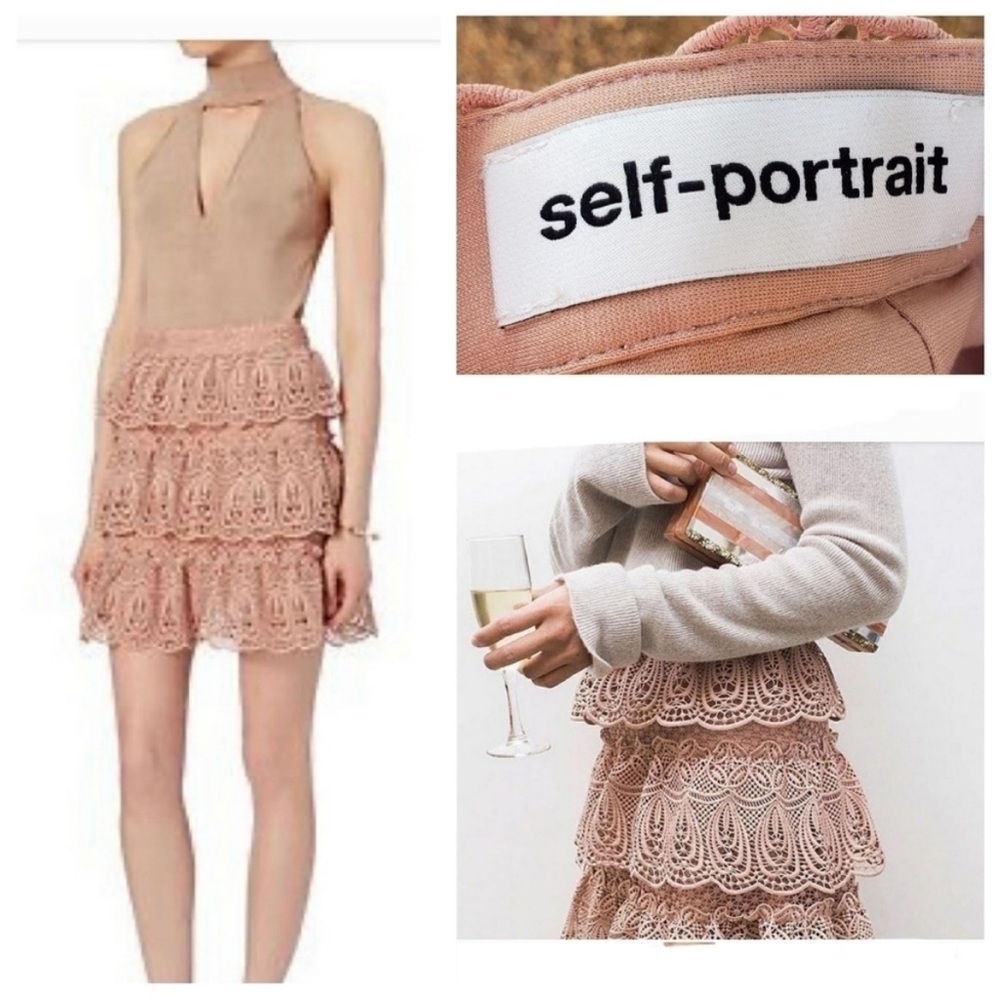 Self-portrait Laced Tiered Mini-Skirt in Pink